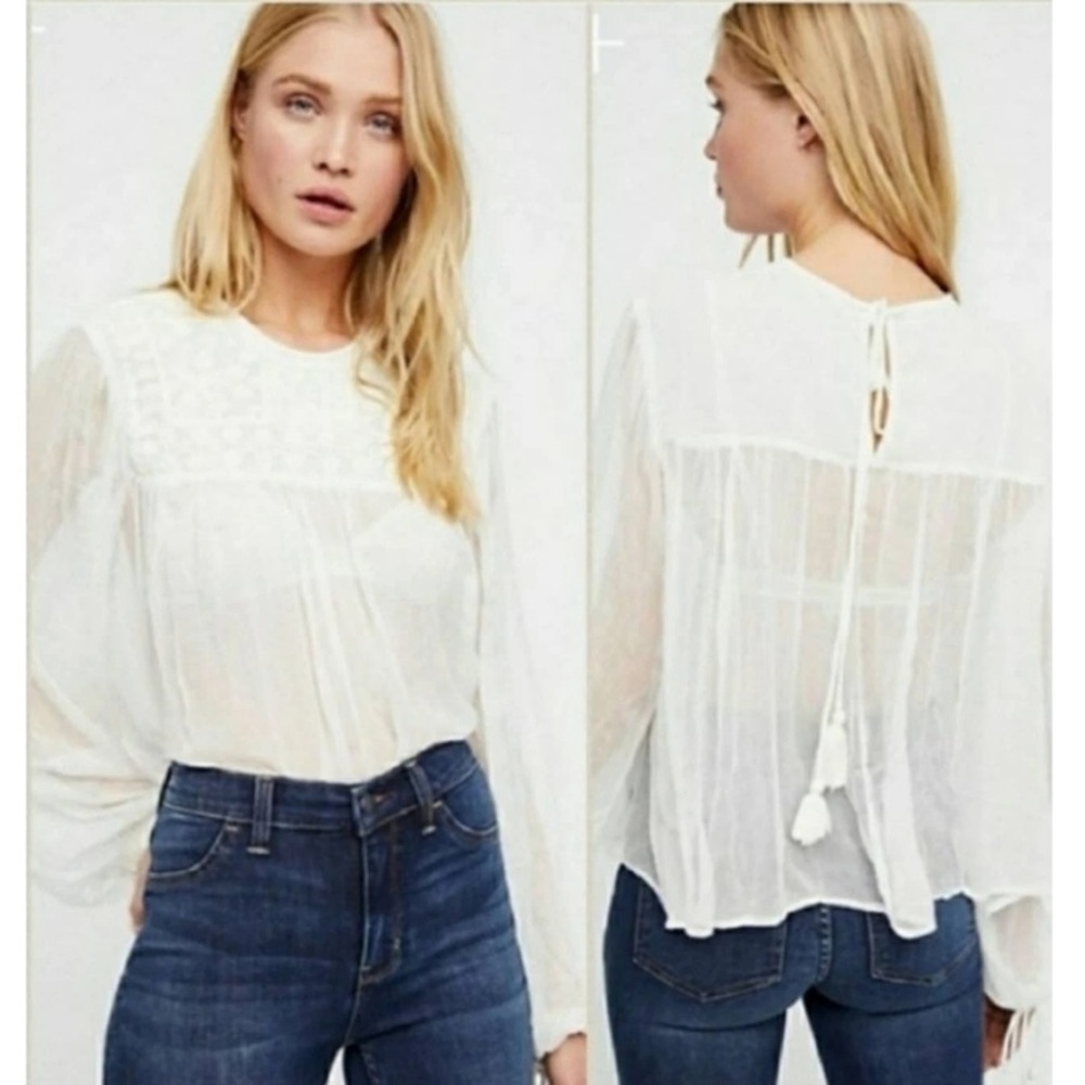 Free People Retro Feminine Sheer White Embroidered Festival Blouse sz xs